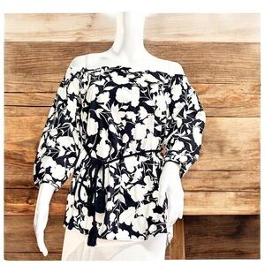 The Limited Women Dark Blue Off-Shoulder Cotton Blouse Sz S White Painted Floral